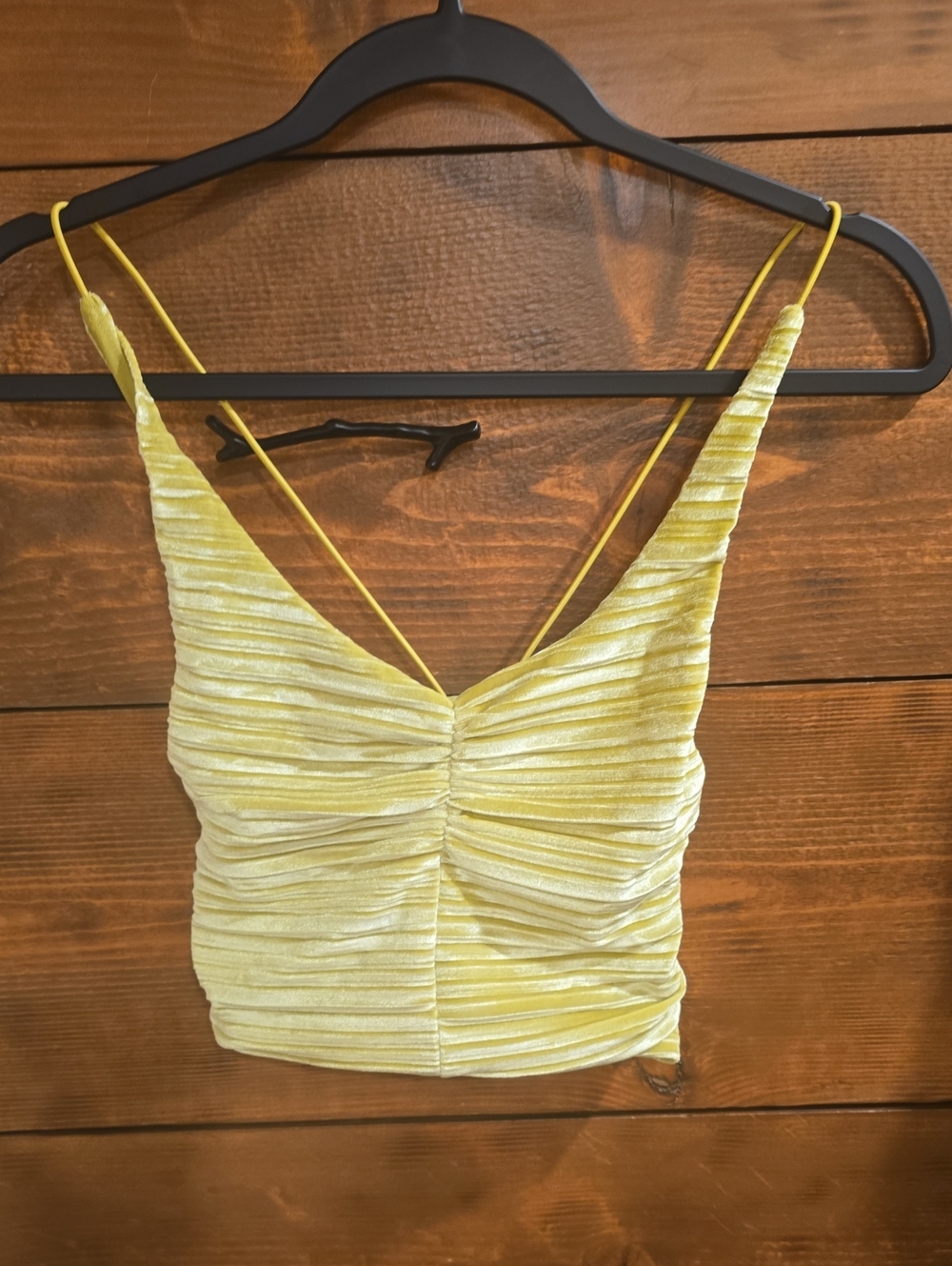 UrbanOutfitters Chartreus/Yellow Velvet Ruched Cami Sz S Y2K Spag Strap Crop Top